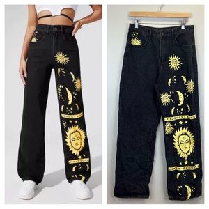 Womens L black and Gold Women's Jeans with Sun and Moon Design Celestial Stars